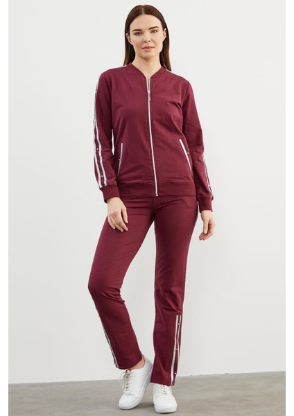 Sim Şerit Detaylı Eşofman Takım - Bordo
