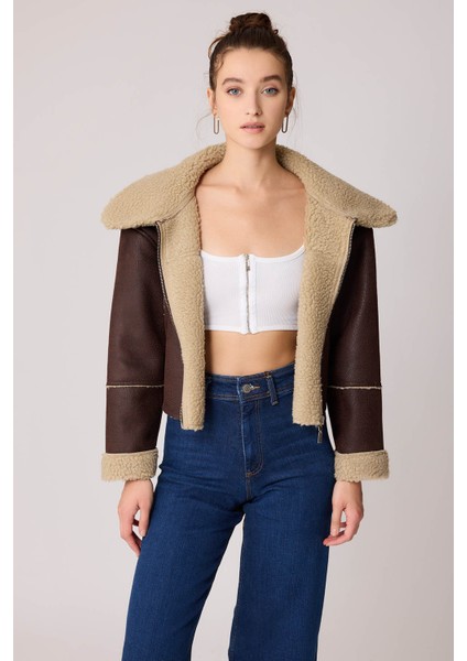 Çift Cep Deri Kürklü Biker Ceket fiyatları