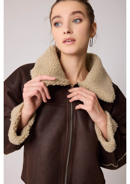 Çift Cep Deri Kürklü Biker Ceket modelleri