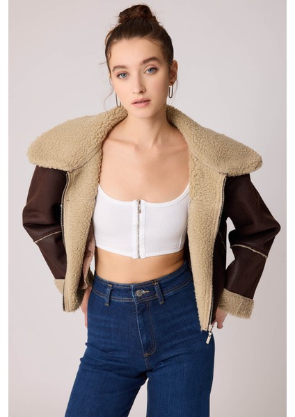 Çift Cep Deri Kürklü Biker Ceket fırsatları