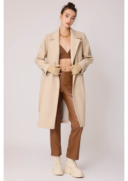 Önden Düğmeli Beli Kuşaklı Uzun Kaşe Kaban fiyatları