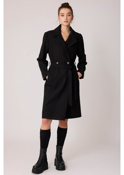 Önden Düğmeli Beli Kuşaklı Uzun Kaşe Kaban fiyatları