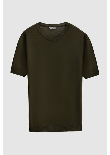 Slim Fit Haki Düz Örgü T-Shirt 1EF060638904M