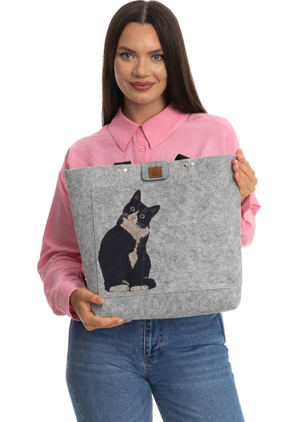 Baskılı Keçe Çanta - Pet Serisi - Kedi Desenli Omuz Çantası - 40 x 33CM