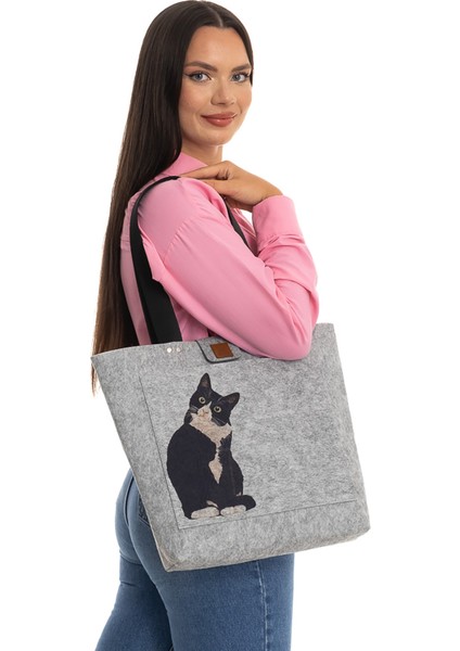 Baskılı Keçe Çanta - Pet Serisi - Kedi Desenli Omuz Çantası - 40 x 33CM