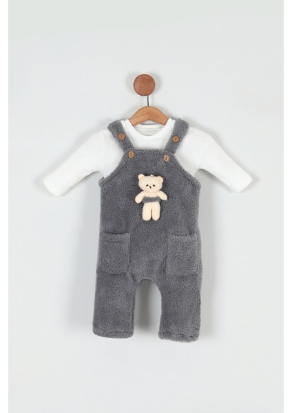 Unisex Bebek Ayıcıklı Peluş Salopet Pamuk Penye Mevsimlik 2'li Takım