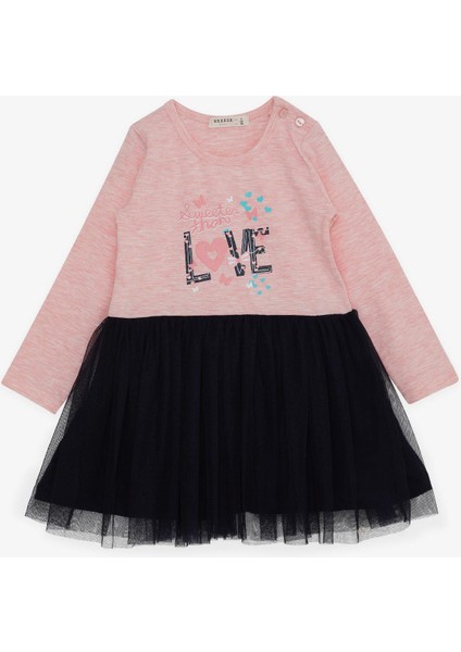 Kız Çocuk Uzun Kollu Elbise Tüllü Yazı Baskılı 1.5-5 Yaş, Somon Melanj