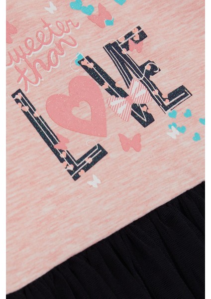 Kız Çocuk Uzun Kollu Elbise Tüllü Yazı Baskılı 1.5-5 Yaş, Somon Melanj fırsatları