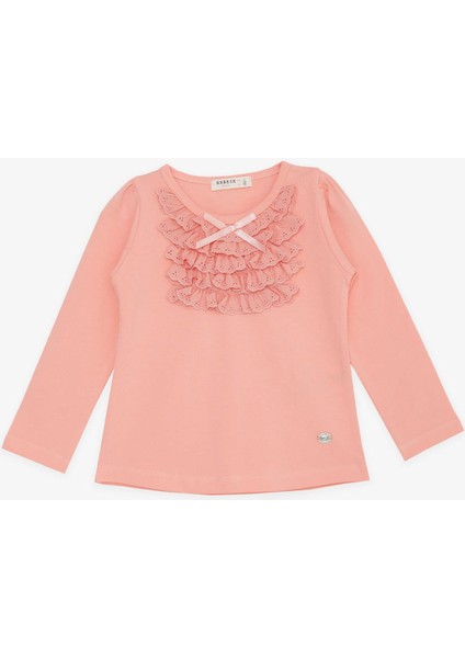 Kız Çocuk Uzun Kollu Tişört Güpürlü Fiyonklu 3-8 Yaş, Somon fırsatları