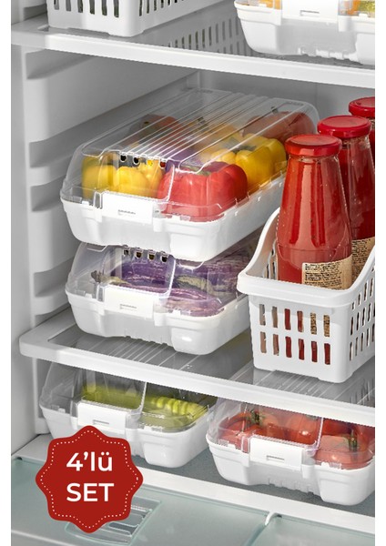 4lü Kilitli Kapaklı Hava Kanallı Meyve Sebze Saklama Kabı