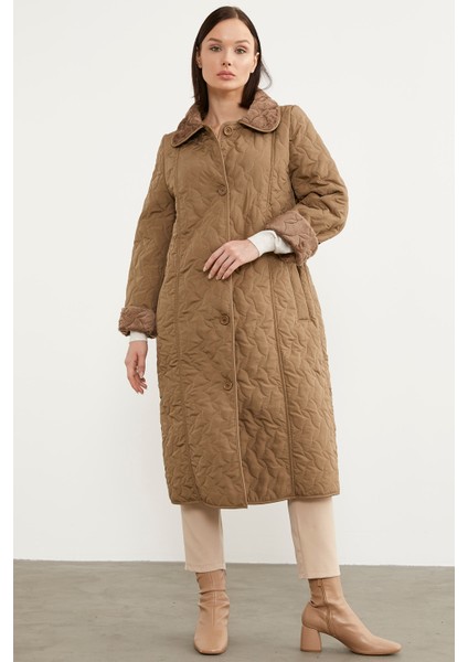 Içi Tamamen Pelüş Kapitone Uzun Kaban - Vizon