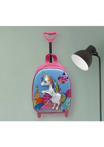 Kız Çocuk Anaokulu Çantası Unicorn Pony At 5d Baskılı Çekçekli Tekerli 3-6 Yaş Okul Sırt Çantası
