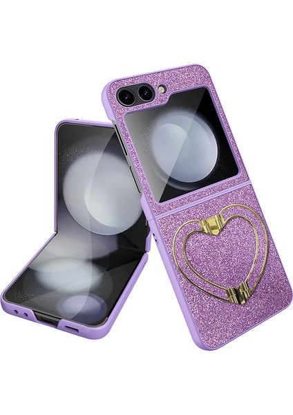Samsung Galaxy Z Flip5 5g Case Heart-Chape Kickstand Glitter Pu Deri+Pc Telefon Kapağı (Yurt Dışından)
