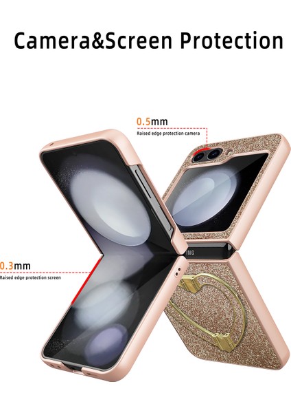Samsung Galaxy Z Flip5 5g Case Heart-Chape Kickstand Glitter Pu Deri+Pc Telefon Kapağı (Yurt Dışından)