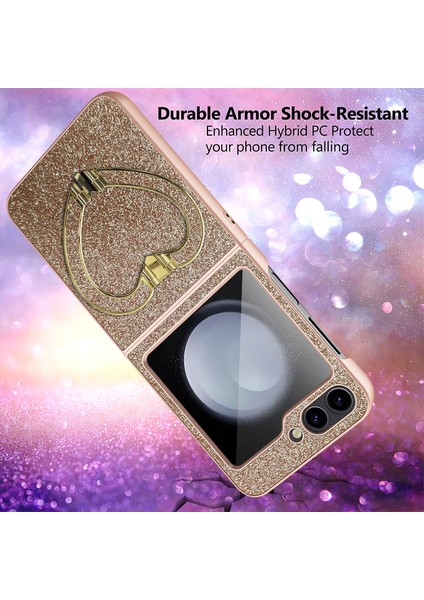 Samsung Galaxy Z Flip5 5g Case Heart-Chape Kickstand Glitter Pu Deri+Pc Telefon Kapağı (Yurt Dışından)