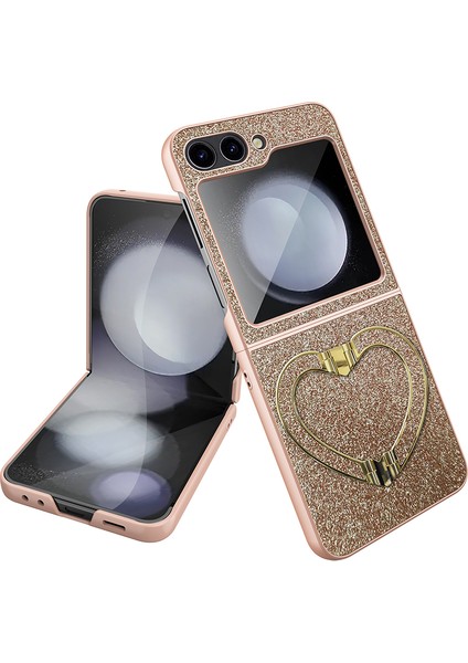 Samsung Galaxy Z Flip5 5g Case Heart-Chape Kickstand Glitter Pu Deri+Pc Telefon Kapağı (Yurt Dışından)