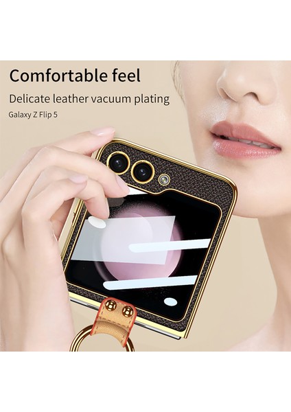 Samsung Galaxy Z Flip5 5g Pu Deri + Pc Telefon Kılıf Yüzüğü Kickstand Elektraptavat Kapağı ve Kayış (Yurt Dışından)