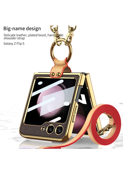 Samsung Galaxy Z Flip5 5g Pu Deri + Pc Telefon Kılıf Yüzüğü Kickstand Elektraptavat Kapağı ve Kayış (Yurt Dışından)