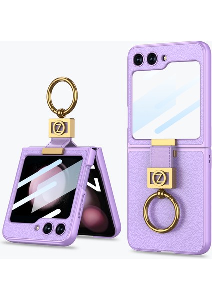 Samsung Galaxy Z Flip5 5g Ince Telefon Kapağı Sabit Pc+Pu Metal Z Mektup Kickstand Case (Yurt Dışından)