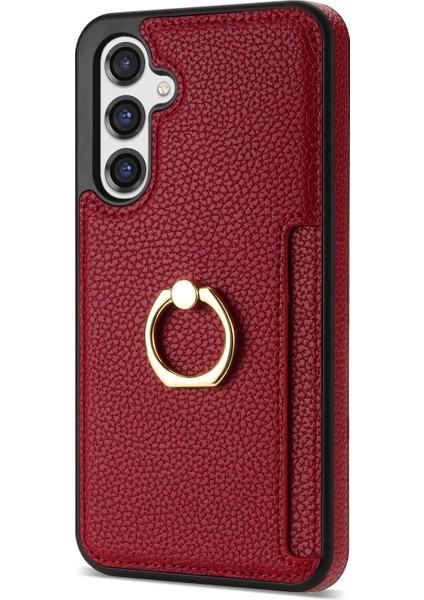 Samsung Galaxy S23 Fe Parmak Yüzüğü Kickstand Telefon Kasası Pu Deri+Tpu Kart Tutucu Kapağı (Yurt Dışından)