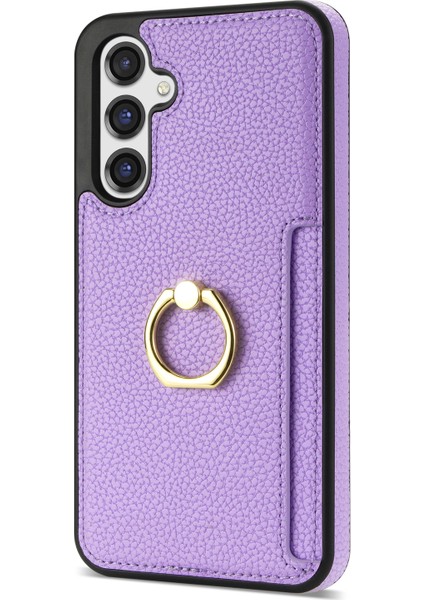 Samsung Galaxy S23 Fe Parmak Yüzüğü Kickstand Telefon Kasası Pu Deri+Tpu Kart Tutucu Kapağı (Yurt Dışından)