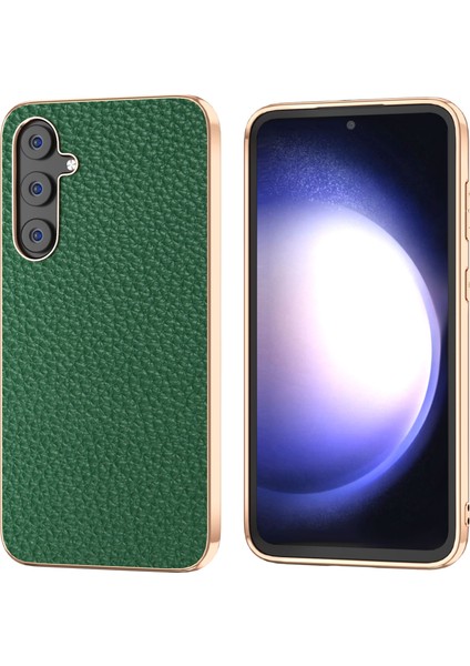 Samsung Galaxy S23 Fe Litchi Doku Arka Kapak Nano Elektrapan Gerçek Inek Deri Kaplamalı Tpu+Pc Telefon Kılıfı (Yurt Dışından)