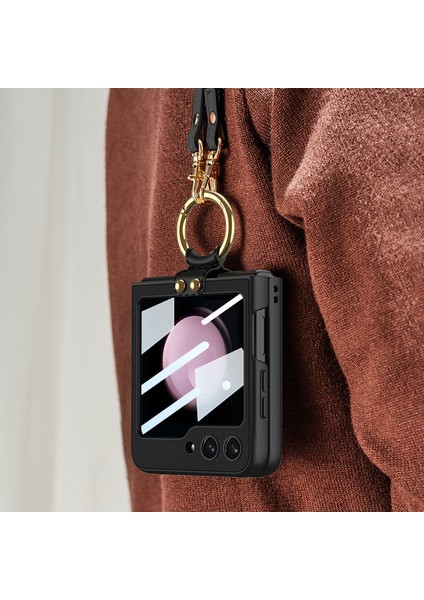Samsung Galaxy Z Flip5 5g Pu Deri Kaplamalı Pc Ince Kılıf Yüzüğü Kickstand Telefon Kapağı ve Kayış (Yurt Dışından) modelleri
