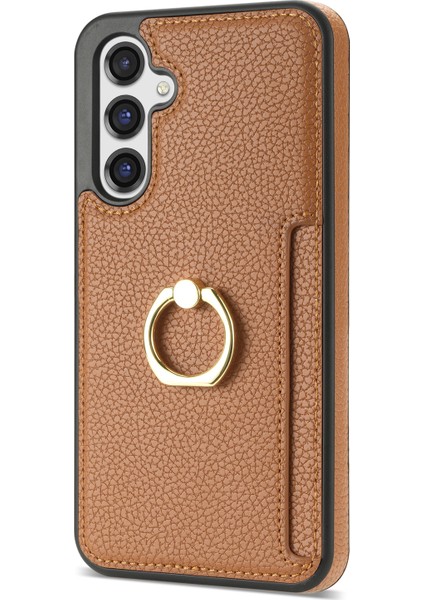 Samsung Galaxy S23 Fe Parmak Yüzüğü Kickstand Telefon Kasası Pu Deri+Tpu Kart Tutucu Kapağı (Yurt Dışından)