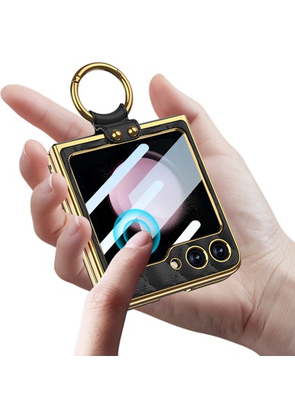 Samsung Galaxy Z Flip5 5g Sabit Pc+Pu Telefon Kapak Metal Yüzük Kickstand Case (Yurt Dışından)