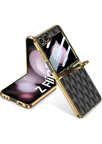 Samsung Galaxy Z Flip5 5g Sabit Pc+Pu Telefon Kapak Metal Yüzük Kickstand Case (Yurt Dışından)