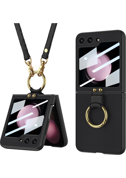 Samsung Galaxy Z Flip5 5g Pu Deri Kaplamalı Pc Ince Kılıf Yüzüğü Kickstand Telefon Kapağı ve Kayış (Yurt Dışından)