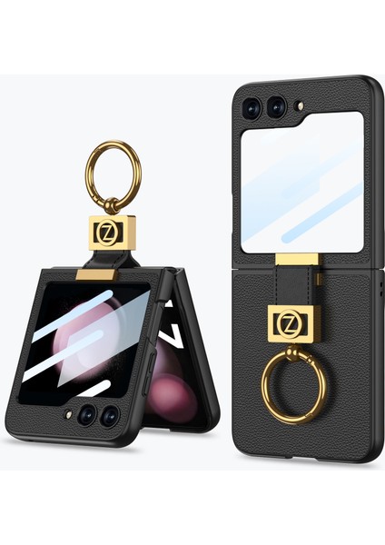 Samsung Galaxy Z Flip5 5g Ince Telefon Kapağı Sabit Pc+Pu Metal Z Mektup Kickstand Case (Yurt Dışından)