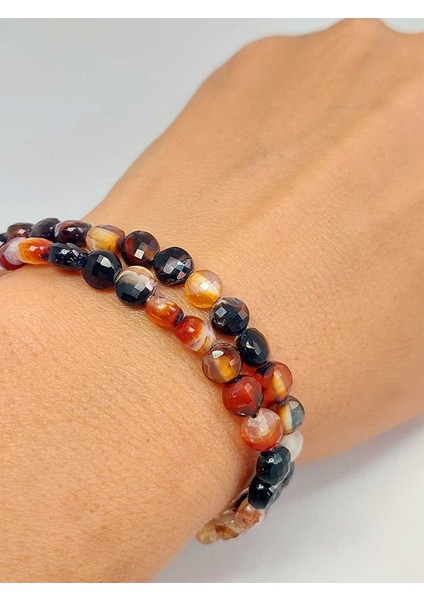 Akik Taşı Yassı Faset Kesim 6X4MM Unisex Ikili Bileklik (42810)