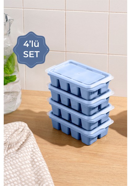 4lü Şeffaf Kapaklı Buz Kalıbı 8 Bölmeli Mavi