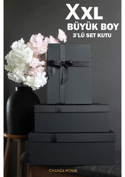 Büyük Boy Siyah 3'lü Takım Kutu Kurdeleli Siyah Sert Hediye Kutusu Damat Gelin Çeyiz Bohça Kutusu