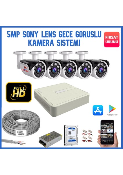 5 Kameralı 5 Mp Sony Lens Gece Görüşlü, Dış Mekan Ahd Güvenlik Kamerası Sistemi