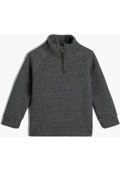 Basic Sweatshirt Dik Yaka Yarım Fermuarlı Uzun Kollu