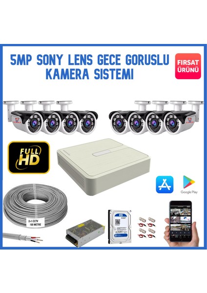 8 Kameralı 5 Mp Sony Lens Gece Görüşlü, Dış Mekan Ahd Güvenlik Kamerası Sistemi