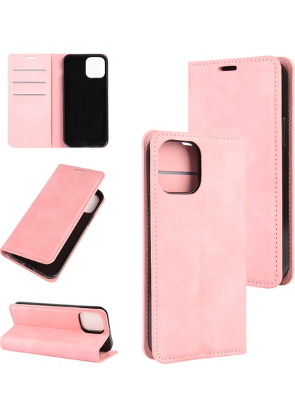Ipilek Dokunlu Deri Kabuk Cüzdan Stand Kılıfı Apple iPhone 12 Pembe (Yurt Dışından)