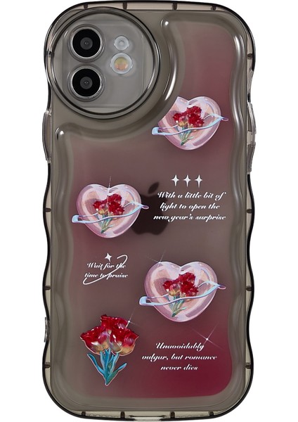Apple iPhone 12 Telefon Kapağı Desen Basılı Kılıf Esnek Tpu Dalga Şeklinde Kenar Hücre -Transparent Siyah/kalp (Yurt Dışından)
