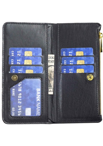 Apple iPhone 12 Mini Telefon Kılıfı Için 5.4 Inç Fermuarı Cep Baskı Rhombus Desen Mat Pu Deri Cüzdan Stand-Black (Yurt Dışından)