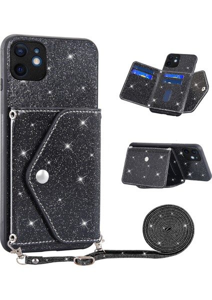 Apple iPhone 12 Mini Telefon Kılıfı Için 5.4 Inç Omuz Askısı Kickstand Kart Tutucu Kapak Işıltılı Toz Dekor-Siyah (Yurt Dışından)