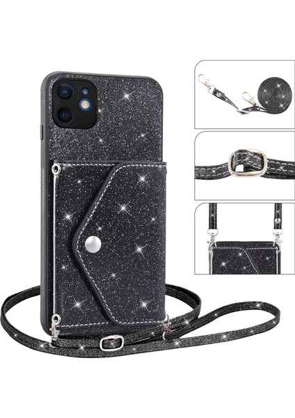 Apple iPhone 12 Mini Telefon Kılıfı Için 5.4 Inç Omuz Askısı Kickstand Kart Tutucu Kapak Işıltılı Toz Dekor-Siyah (Yurt Dışından)