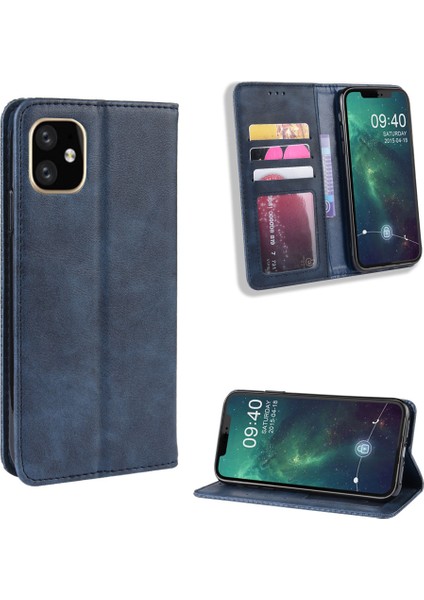 Apple iPhone 12-Blue Için Otomatik Emilmiş Retro Pu Deri Şık Kapak (Yurt Dışından)