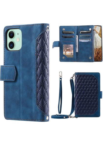 Apple iPhone 12 Mini Telefon Kılıfı Için 5.4 Inç Aşınmaya Dayanıklı Eşkenar Doku Pu Deri Deri Deri Flip Case Zipper Cep Cüzdan Stand Kartı Tutucu Kayış-Mavi (Yurt Dışından)