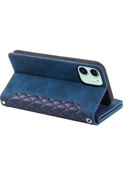 Apple iPhone 12 Mini Telefon Kılıfı Pu Deri Fermuarı Cep Kılıfı 5.4 Inç Stand Rhombus Doku Anti-Drop Telefon Cüzdan Kapağı Bilek Kayış Mavisi (Yurt Dışından)
