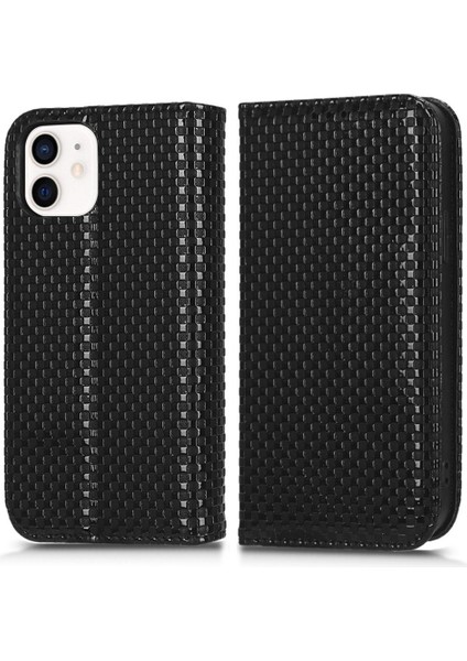 Apple iPhone 12 Telefon Kapağı Için Cep Telefonu Cüzdan Kasası Manyetik Otomatik Emici Izgara Dokusu Pu Deri Standı Anti-Çizik (Yurt Dışından)