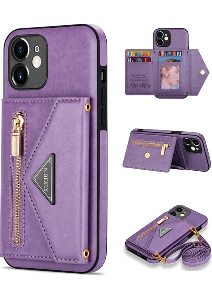 Apple iPhone 12 Mini Telefon Kılıfı Için 5.4 Inç Kickstand Tasarım Cüzdan Anti-Çizelge Damla Damlı Pu Deri+Tpu Mobile, Long Lanyard-Purple ile (Yurt Dışından)