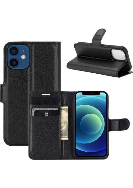 Litchi Doku Cüzdan Stand Deri Telefon Kapağı Apple iPhone 12 Mini Cep Telefon Aksesuarları Black (Yurt Dışından)