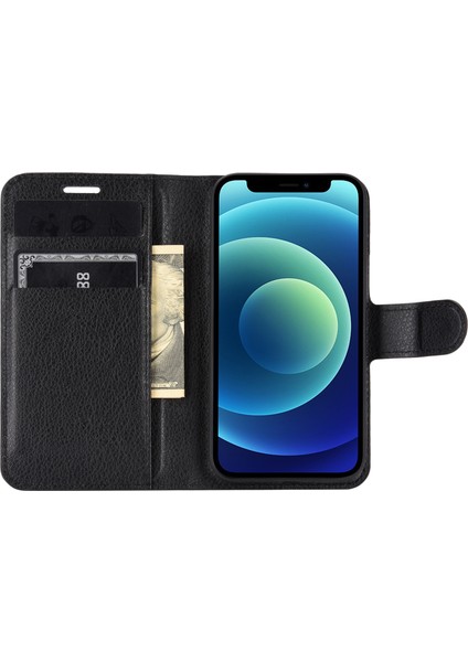 Litchi Doku Cüzdan Stand Deri Telefon Kapağı Apple iPhone 12 Mini Cep Telefon Aksesuarları Black (Yurt Dışından)